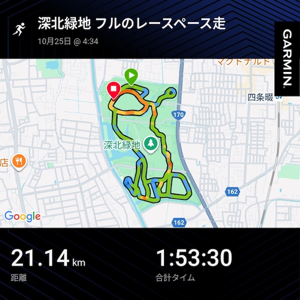 深北緑地21.1kmレースペース走